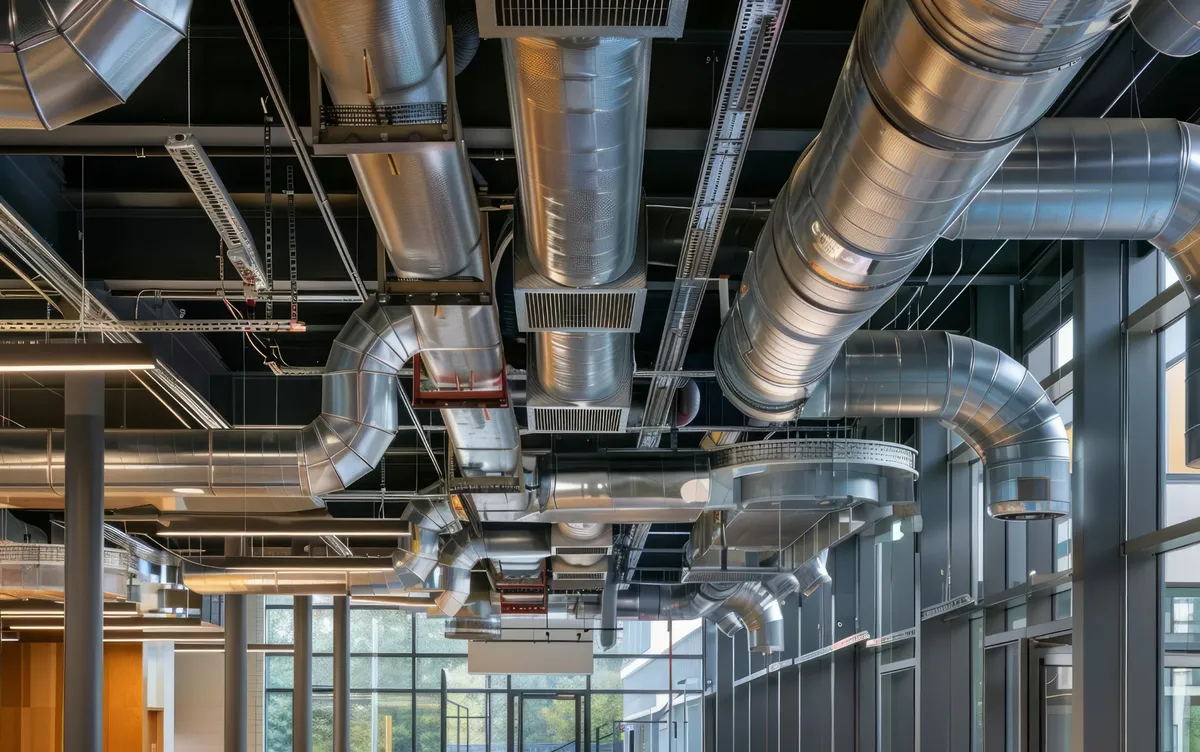 Système de gaines et tuyauteries pour ventilation industrielle dans un bâtiment, mis en place par une entreprise de ventilation.