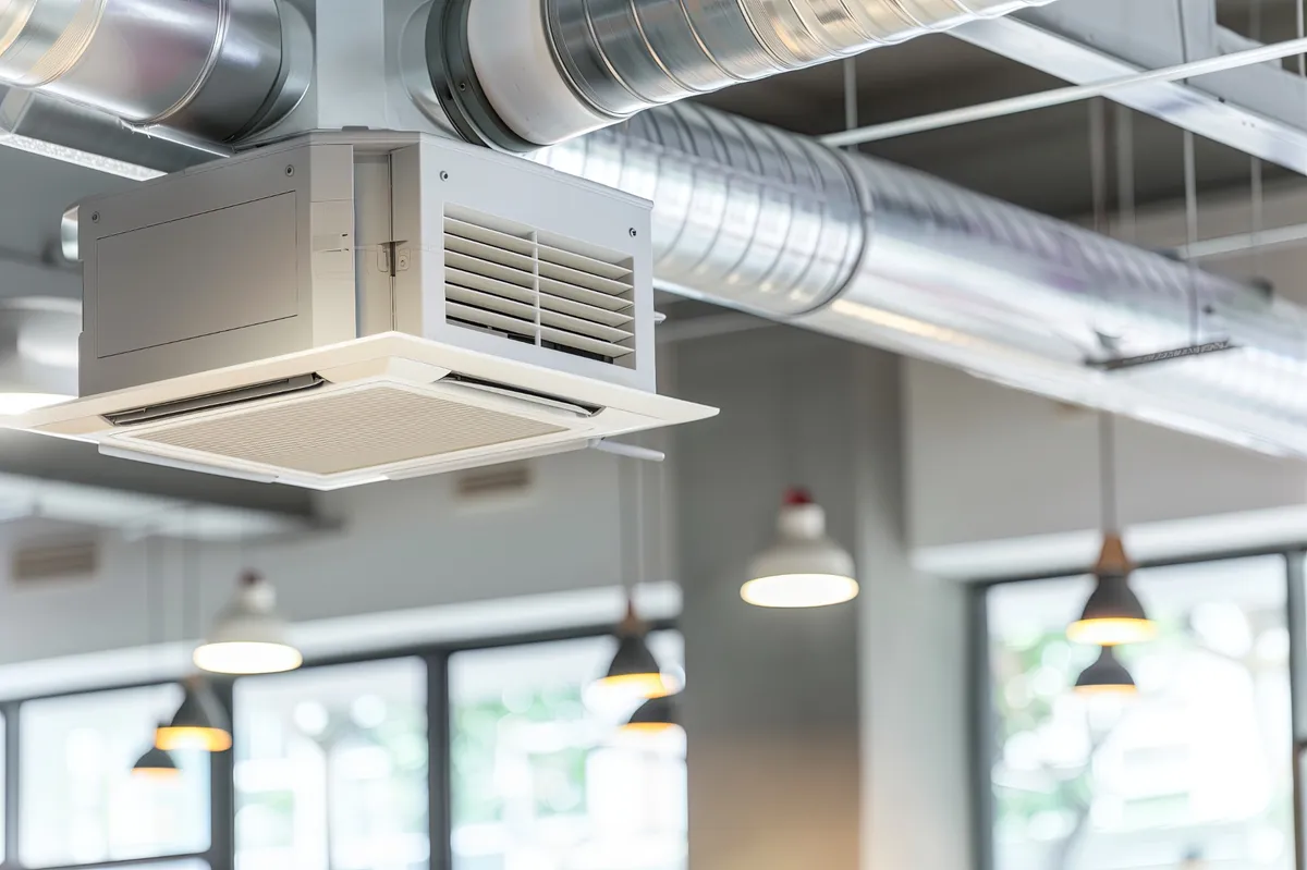 Réseau de climatisation gainable avec gaines métalliques installées dans un bâtiment industriel ou commercial.
